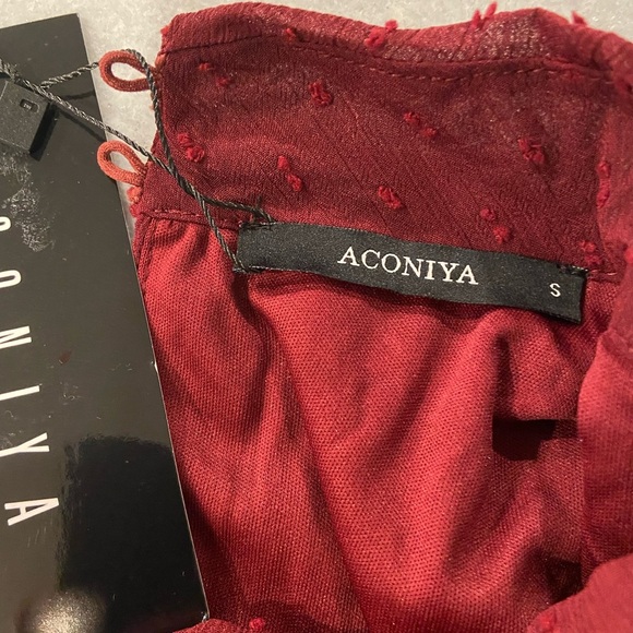 NWT Aconiya Size S Burgundy Swiss Dot Chiffon Lined High Neck Bow Lined Top - Picture 11 of 11